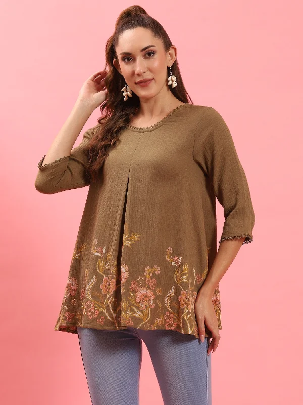 Women Olive Floral Printed Tunic