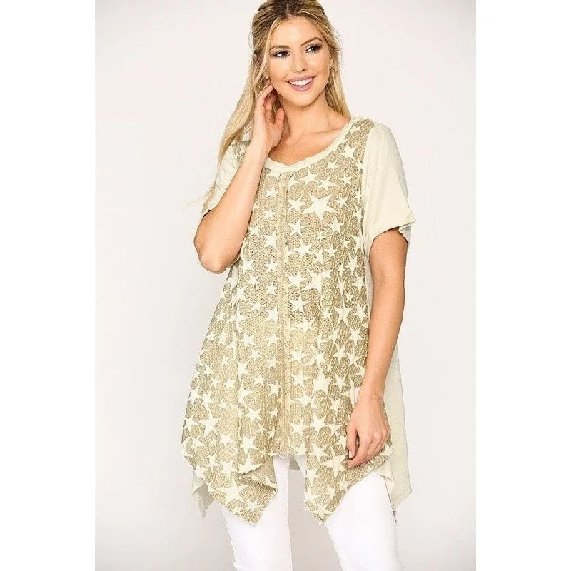 Star Textured Knit Mixed Tunic Top With Shark Bite Hem