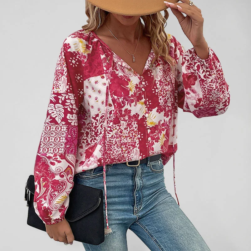 Boho Floral Blouse with Balloon Sleeves and V-Neck for Women