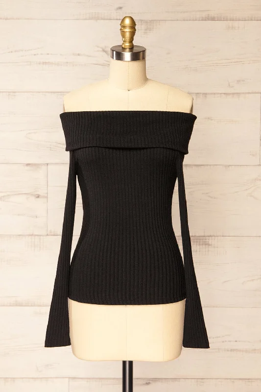 Fairford Black | Off-Shoulder Long Sleeve Knit Top