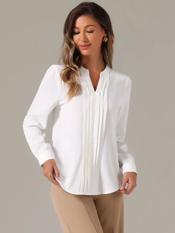 Pleated Long Sleeve Business Office Notch Neck Blouse