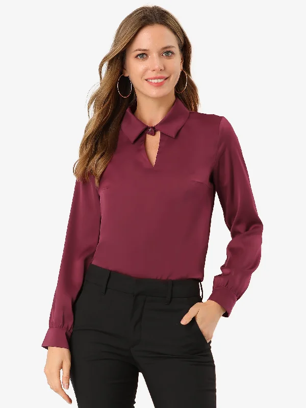 Silky Satin Long Sleeve Elegant Office Keyhole Collared Blouse