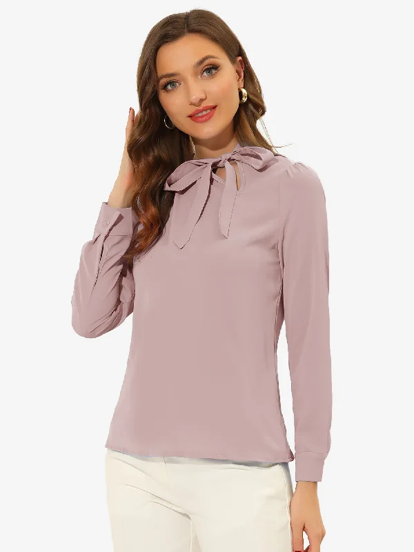 Office Elegant Long Sleeve Solid Bow Tie Neck Blouse