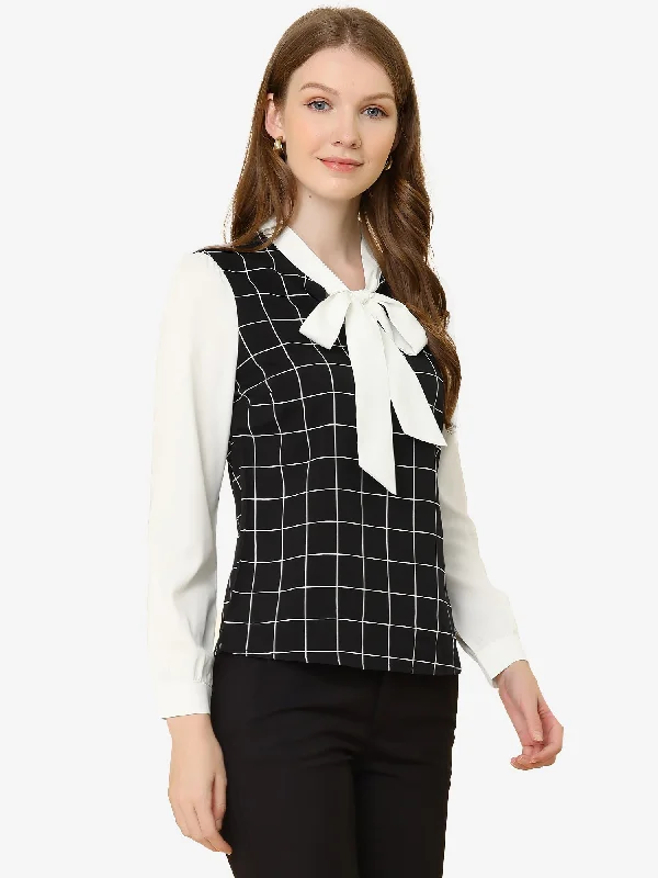 Work Plaid Contrast Color Bow Tie Neck Long Sleeve Blouse