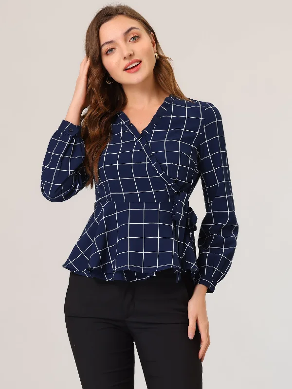 Tie Waist Plaid Check Long Sleeve Workwear Wrap Peplum Blouse