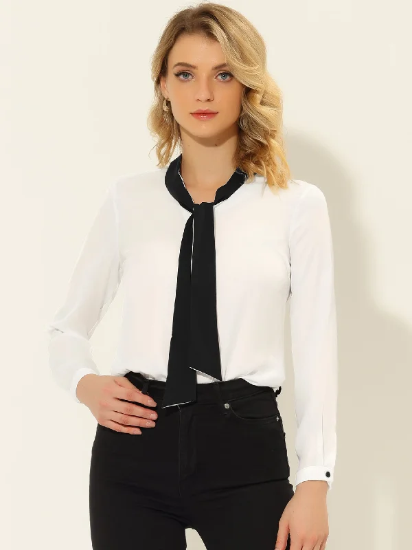 Contrast Color Bow Tie Neck Long Sleeve Elegant Office Blouse