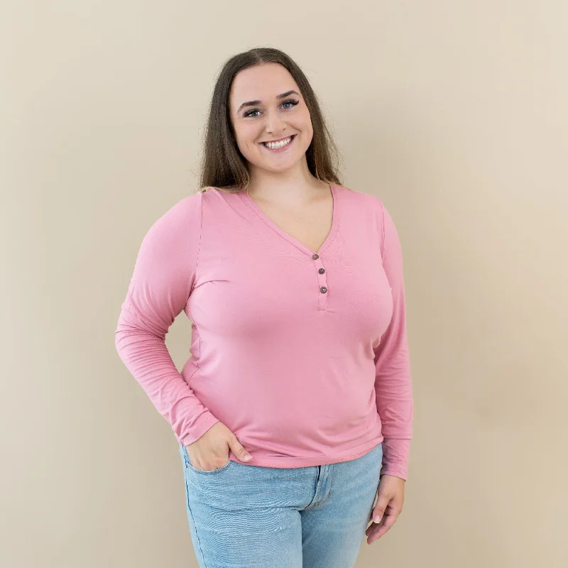 Women's Long Sleeve Henley Tee in Apple Blossom