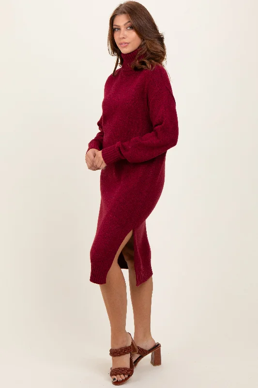 Burgundy Turtleneck Side Slit Midi Sweater Dress