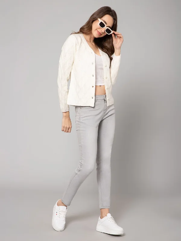 Women's Casual  OffWhite V neck Cardigan Sweater