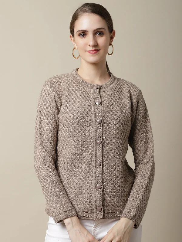 Women's Casual  Beige Round neck Cardigan Sweater