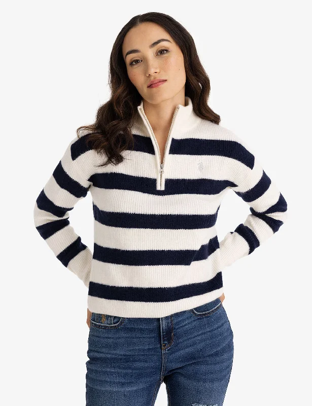 HALF ZIP MOCK NECK STRIPE SWEATER