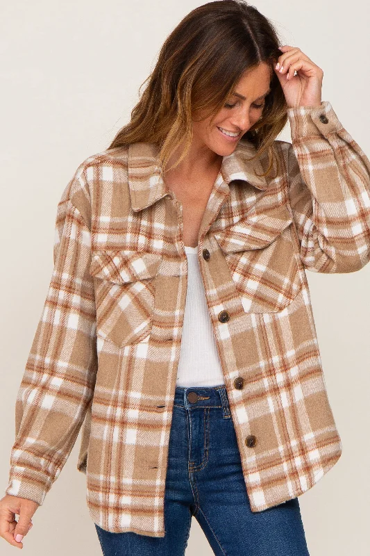 Light Mocha Plaid Front Pocket Shacket