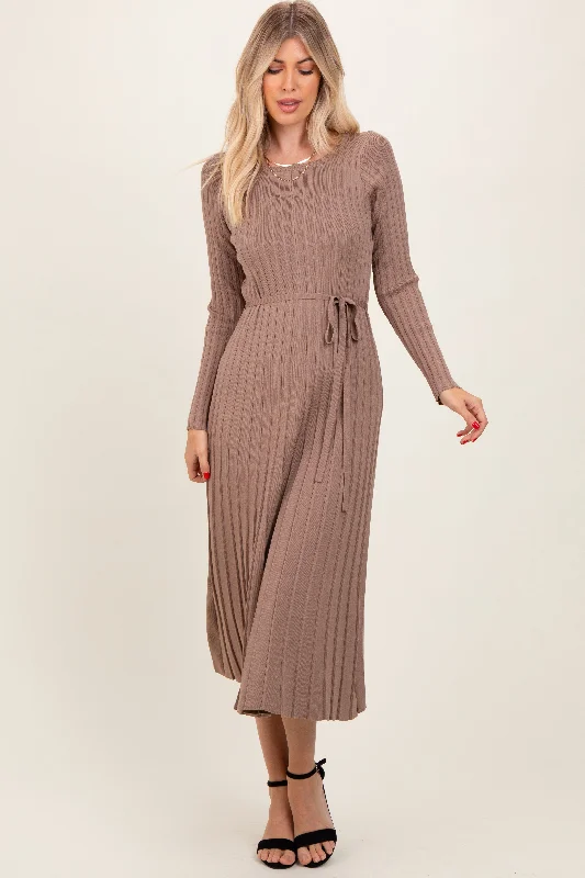 Mocha Pleated Waist Tie Midi Sweater Dress