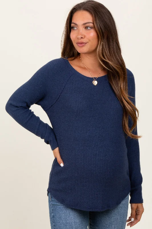 Navy Waffle Knit Raglan Long Sleeve Maternity Top