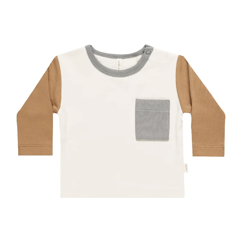 Long Sleeve Pocket Tee - Color Block - Ivory / Dusty Blue / Golden