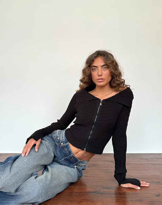 Radia Long Sleeve Off-Shoulder Zip Through Jumper in Black