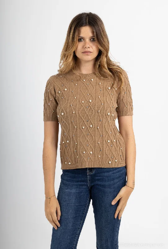 Short Sleeve Pearl Front Sweater