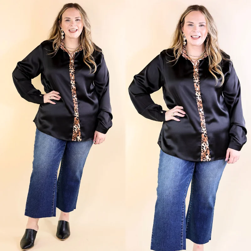 Sugar On Top Long Sleeve Button Up Satin Top with Leopard Print Trim in Black