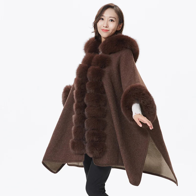 Women's Real Fox Fur Batwing Sleeve Ponchos Coat with Fur Hood