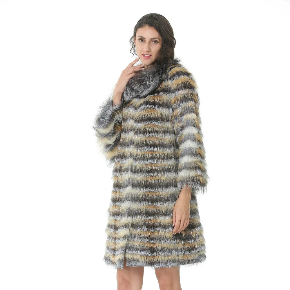 Women's Warm Luxury Knitted Real Fur Long Stripe Coat with Fox Fur Collar