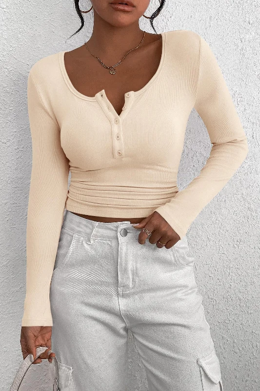 Long Sleeve Henley Button Down Ribbed Knit Slim Fit Blouse