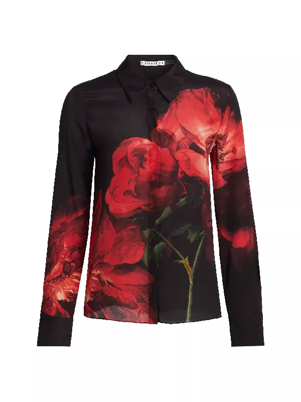 alice + olivia Brady Slim Button Down Shirt, Peony Petals Bright Ruby