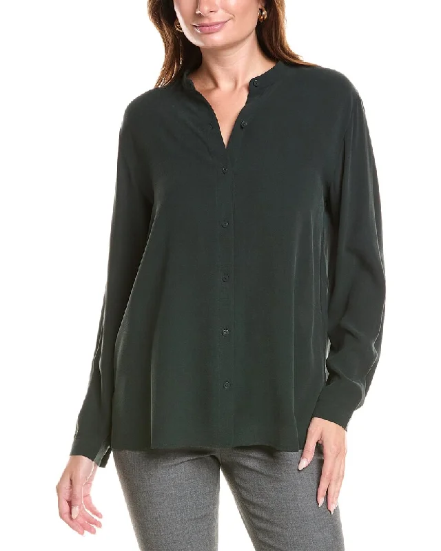 EILEEN FISHER Mandarin Collar Silk Boxy Shirt