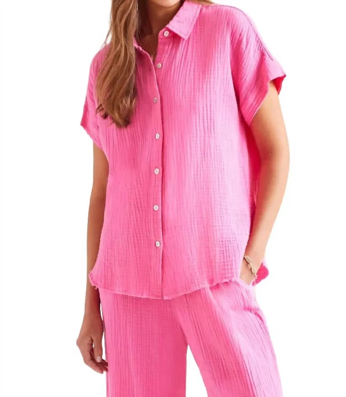 Gauze Button-Up Shirt In Hot Pink