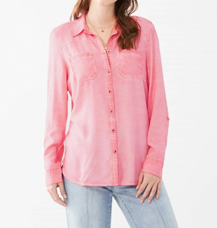 Long Sleeve Roll Tab Shirt In Flamingo Pink