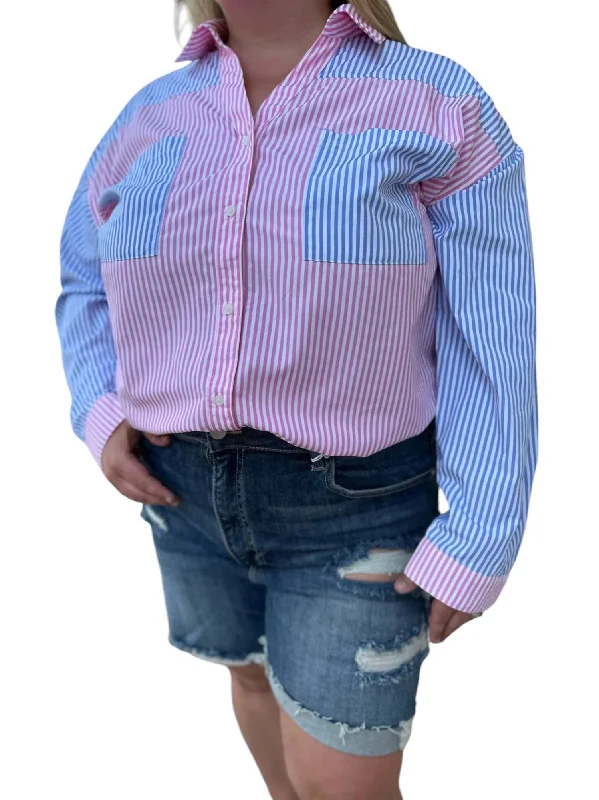 Striped Button Down Shirt In Pink/blue