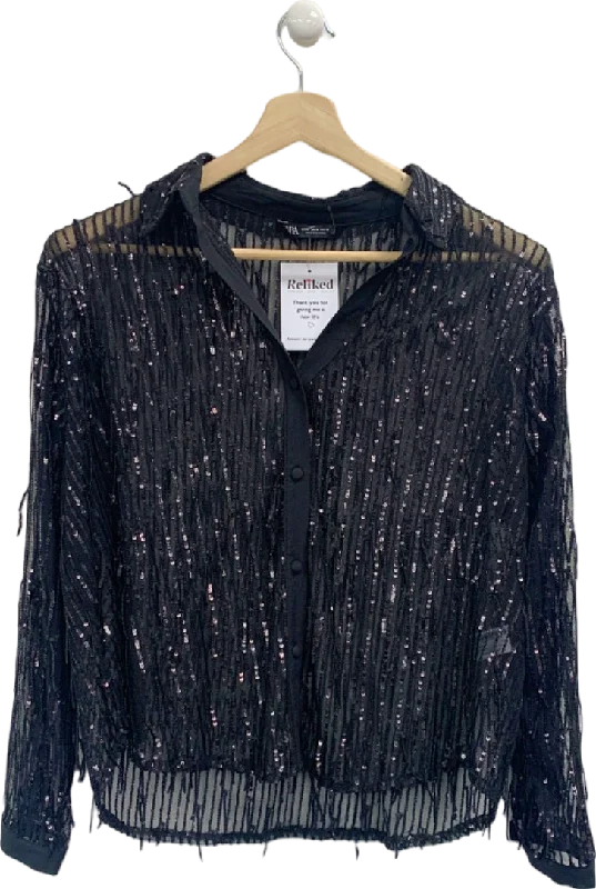 Zara Black Sequined Sheer Shirt UK 10