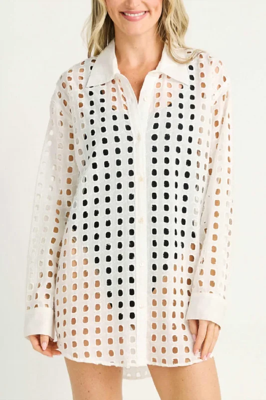 Box Eyelet Sleeve Button Up Shirt In White