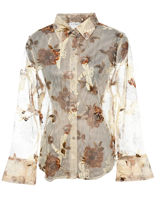 Floral Beige & Brown Sheer Shirt - L