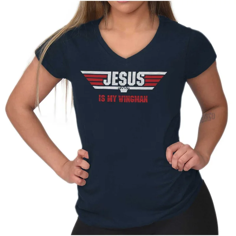 Jesus Is My Wingman Junior Fit V-Neck T Shirt