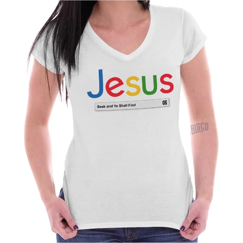 Jesus Seeking Answers Junior Fit V-Neck T Shirt