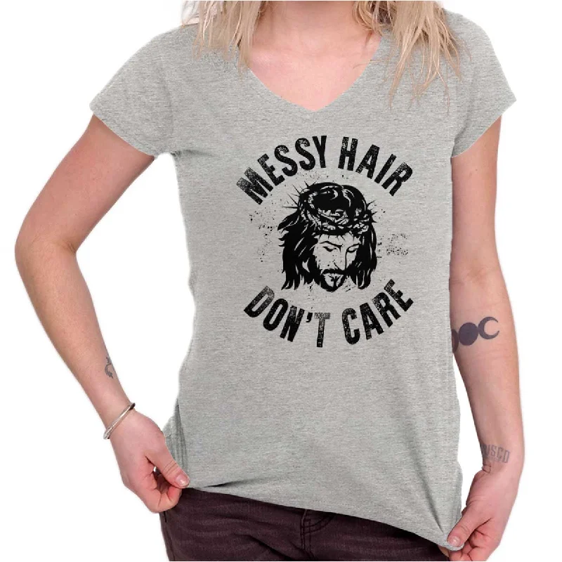 Messy Hair Jesus Junior Fit V-Neck T Shirt