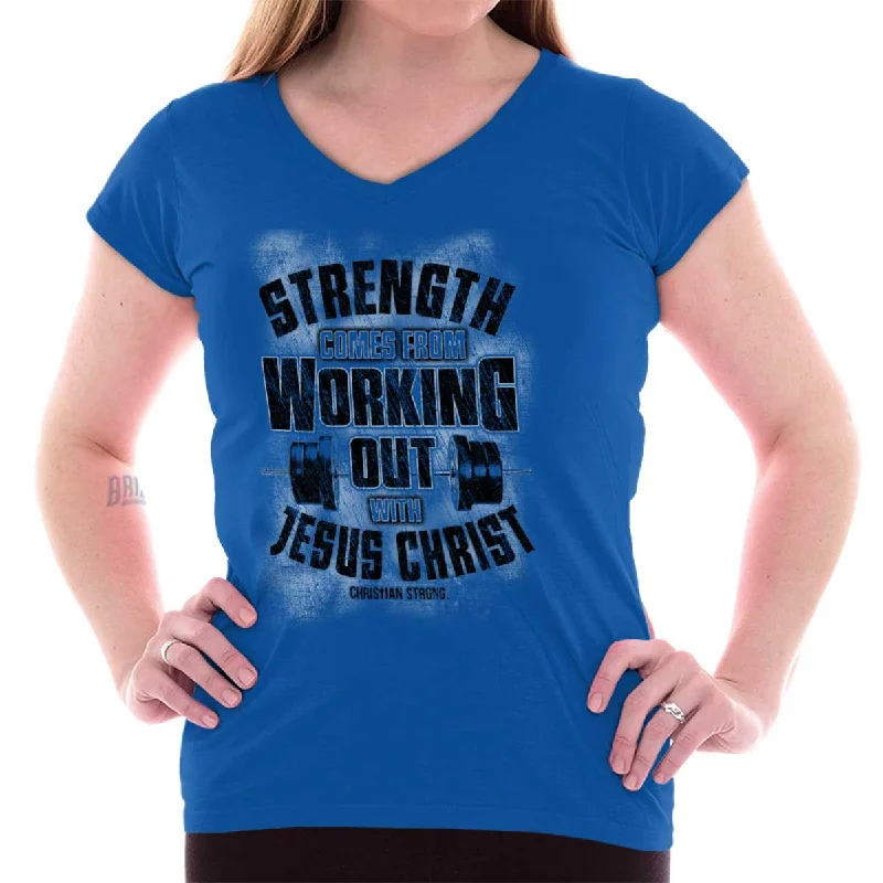 Working Out With Christ Junior Fit V-Neck T-Shirt