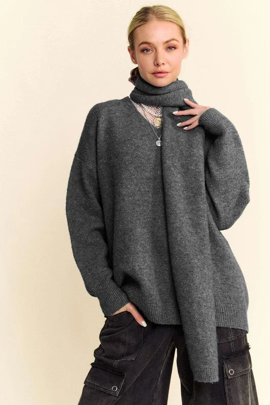 Dark Gray V-Neck Dropped Shoulder Sweater with Scarf Set