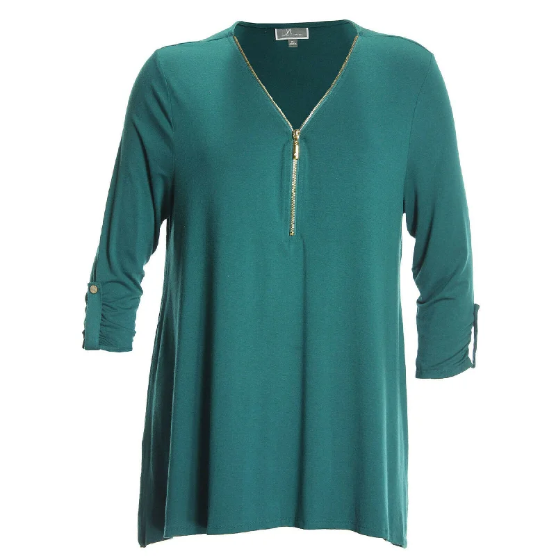 JM Collection Red or Teal 3/4 Sleeve Front Zip V-Neck Top