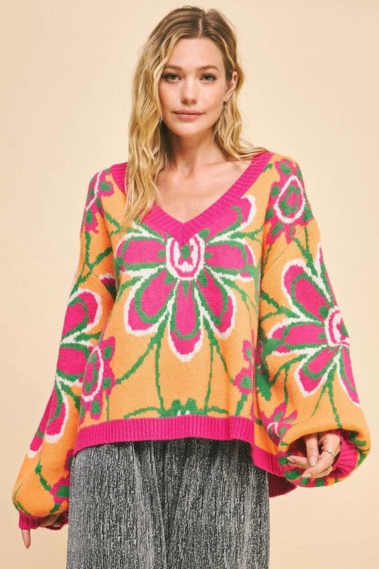 Orange Multi Floral Contrast V-Neck Dropped Shoulder Sweater