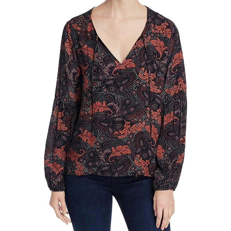 Sanctuary Long Sleeve Tie Front V-Neck High-Low Print Blouse