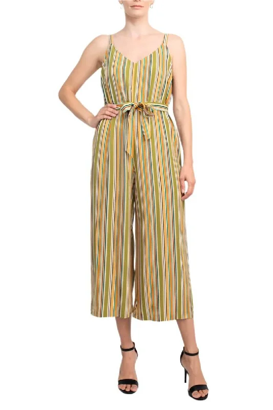 Emma & Michele Banded Strap V-Neck Side Button Zipper Back Tie Waist Stripe Print Crepe Jumpsuit