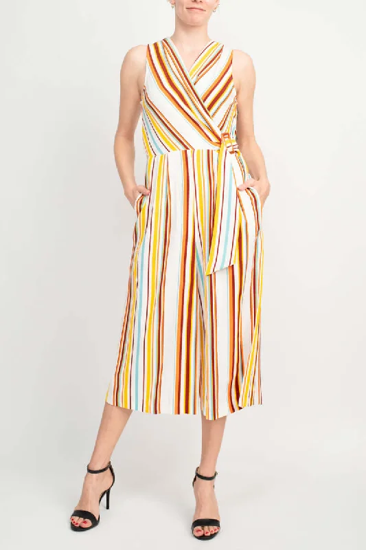 Emma & Michele V-Neck Zipper Back Mock Buckle Wrap Gaucho Print Crepe Jumpsuit