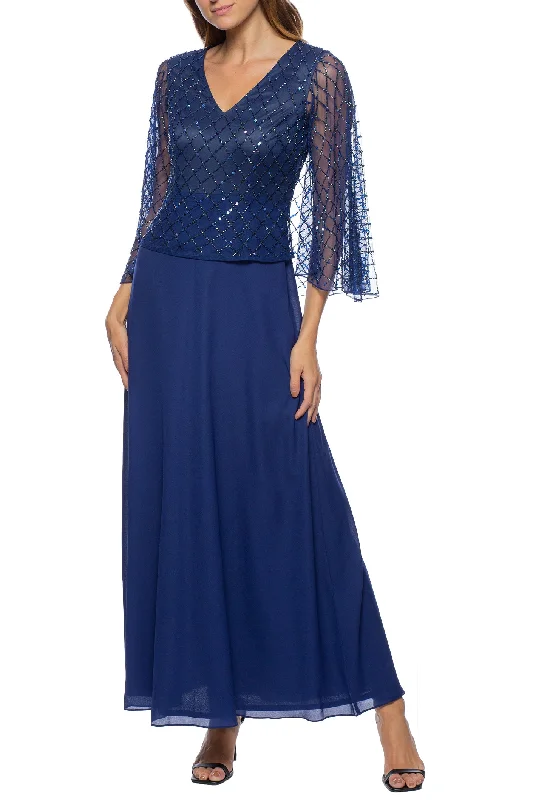 Marina V-neck ¾ sleeve beaded capelet solid chiffon gown