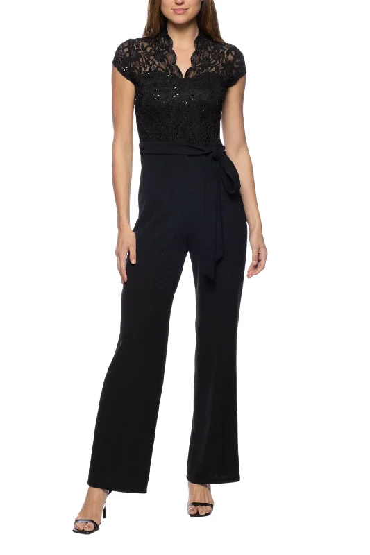 Marina Cap Sleeve V-Neck Tie Waist Lace Bodice Jumpsuit