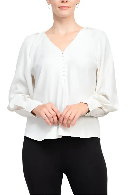 Philosophy V-neck cuffed long sleeve button closure front solid stretch crepe blouse