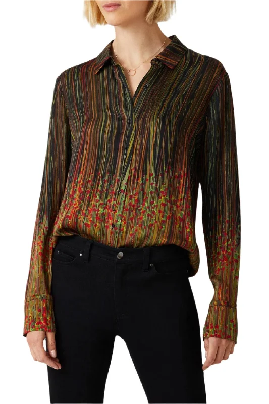 Ecru Designs Collared V-Neck Long Sleeve Multi Print Viscose Top