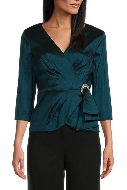 Alex Evenings 3/4 Sleeve Surplice V-Neck Embellished Hip Taffeta Blouse