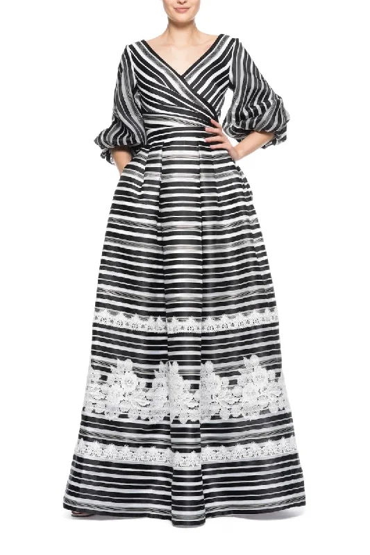 Theia V-Neck 3/4 Sleeve Zipper Back Stripe Print Embellished Organza Gown