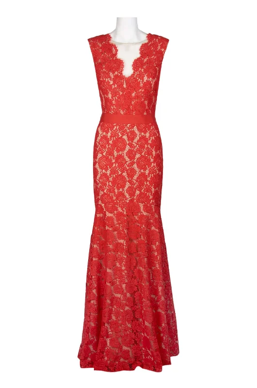 Theia Scalloped V-Neck Sleeveless Banded Waist Zipper Back Flutter Hem Floral Lace Gown